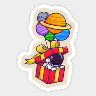 Cute Astronaut In Box Floating With Planet Balloon Cartoon Sticker